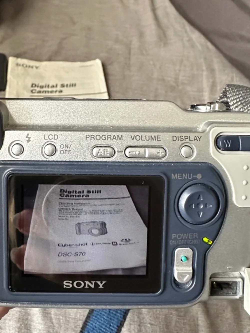 Sony Silver Point-and-Shoot Cyber-shot DSC-S70 Camera with Blue Neck Strap